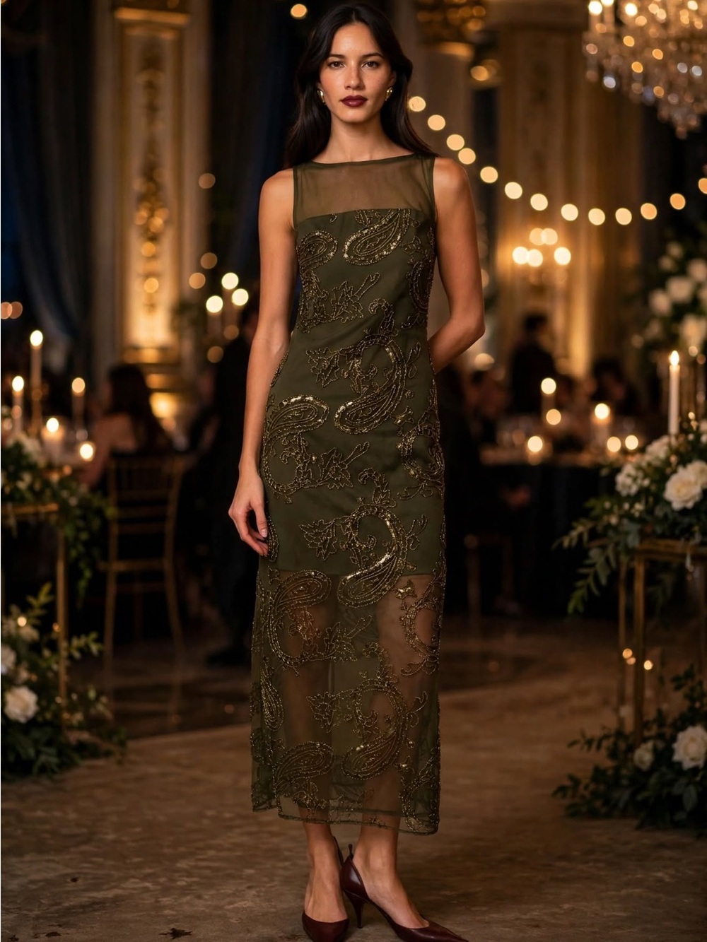 Few Moda sorella Ora Dress size 4 olive beaded gown.